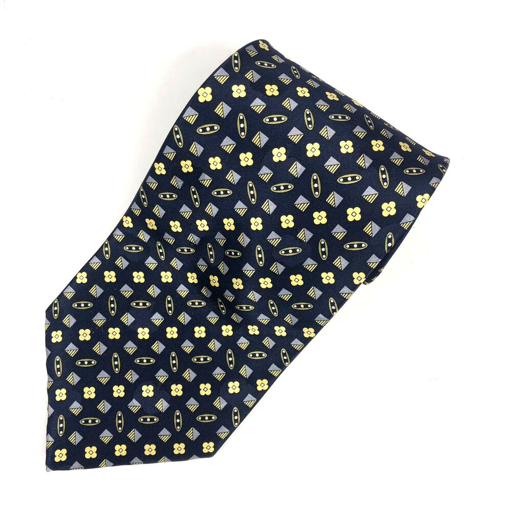 Vintage Louie 100% Silk Navy Yellow Geometric Men's Necktie Tie Chinese Unique